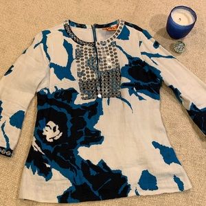 Tory Burch Dulce Linen Tunic Mirror Sequins white